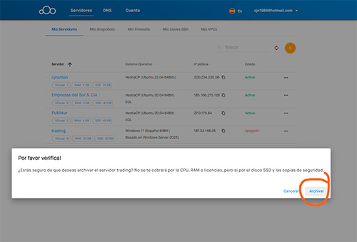 aceptar archivar VPS para trading