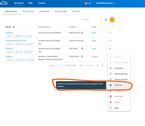 Archivar VPS en Clouding para que no te cobren recursos