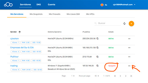 VPS apagado para trading