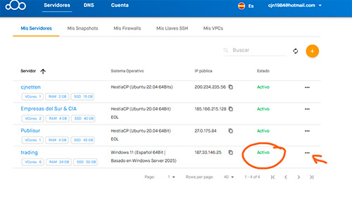 VPS encendido para trading